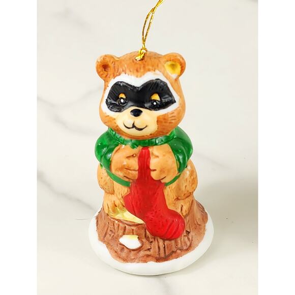Christmas Bell Ornament Frog Racoon Skunk 3 1/4" Ceramic 1987 Taiwan x3 Holidays - Picture 2 of 15